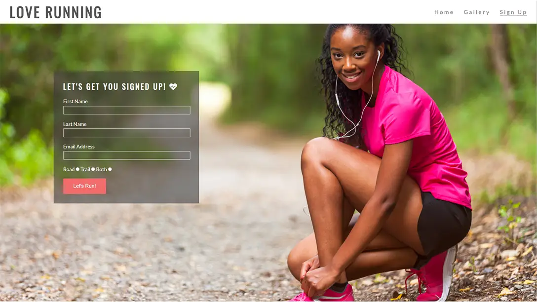 Sign up page for Love Runnings