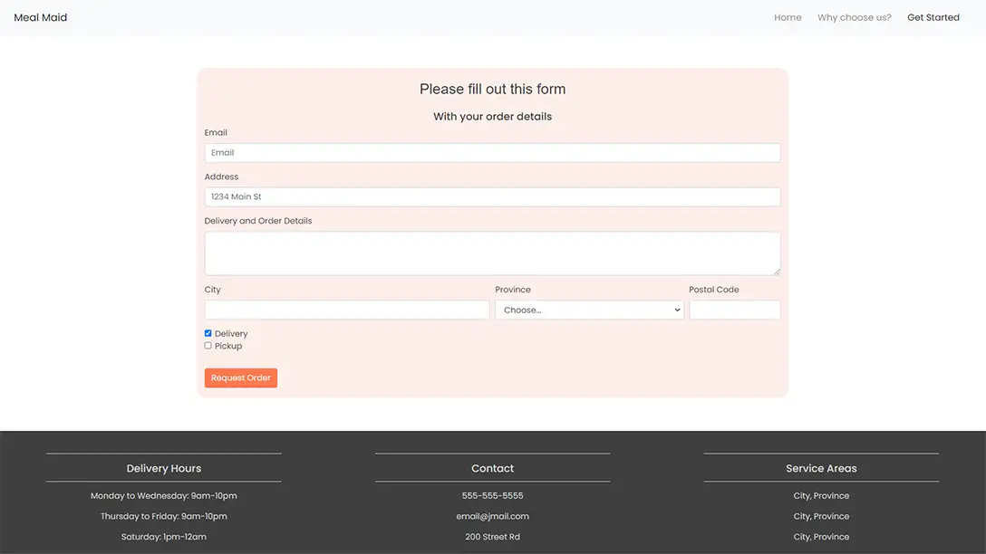 Contact Us form page for Meal Maid