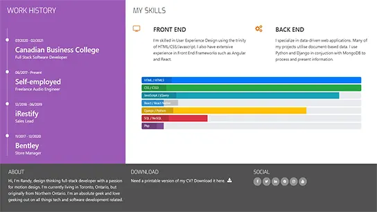 Work history and my skills section for Resume Site
