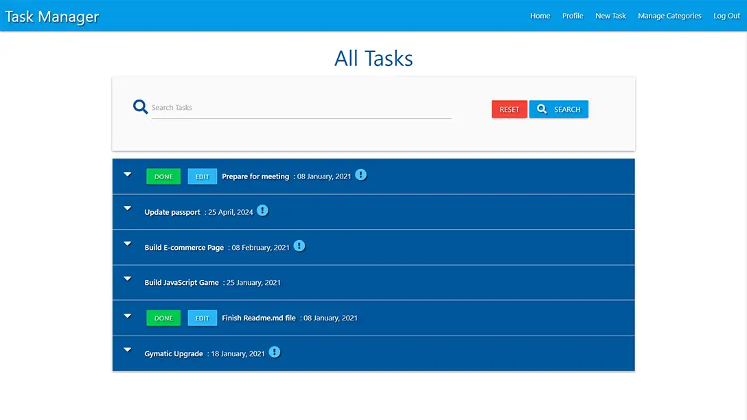 All tasks page for Task Manager