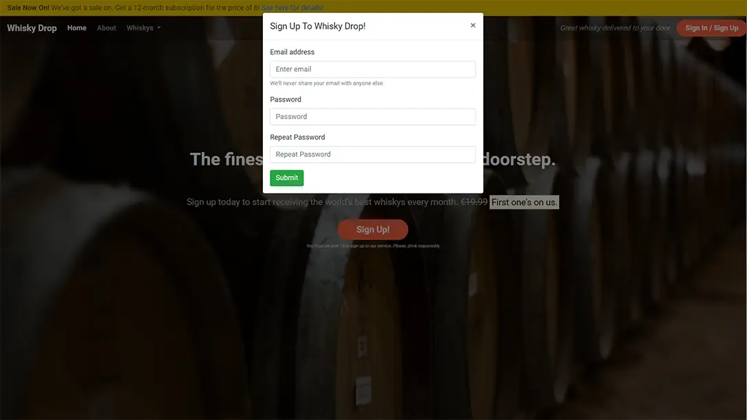 Contact Us popup form for Whiskey Drop